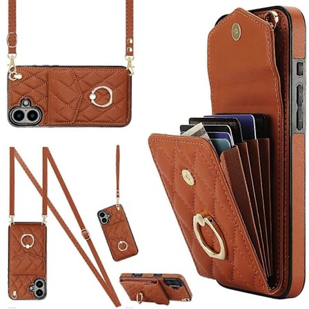 Til iPhone 16 Etui Kort Taske Læder+TPU Crossbody Telefon Cover med Ring Støttefod - Mørk Lilla