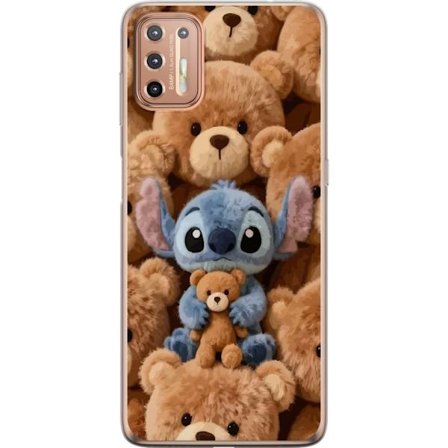Kompatibelt Mobildeksel til Motorola Moto G9 Plus Stitch omgitt av brune teddybjørner med en liten teddybjørn i fanget i en søt og koselig kawaii-desi