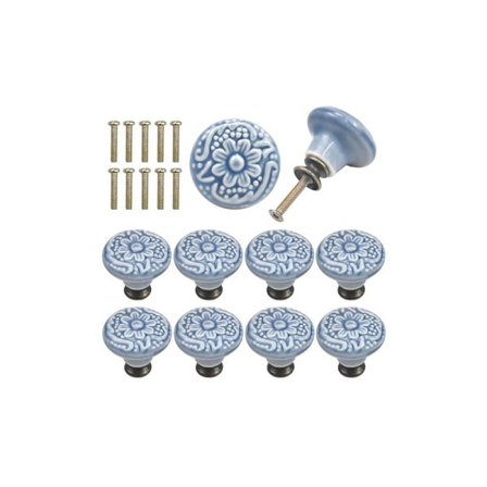 10 stk. keramiske skuffeknopper, vintage gravering, runde skabsdørhåndtag med skruer, blå [HK]