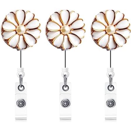 Utdragbart Badgehållare, ID-Badge Rulle med Pärla, 3-pack (Vit) white pearl heart