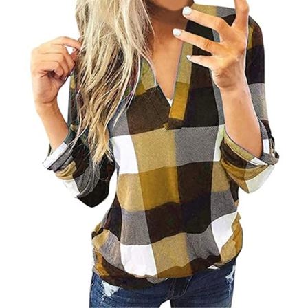Dam Långärmad flanell Rutig skjorta Pullover V-ringad Toppar Casual Lös Pojkvän Tunika T-shirts green l
