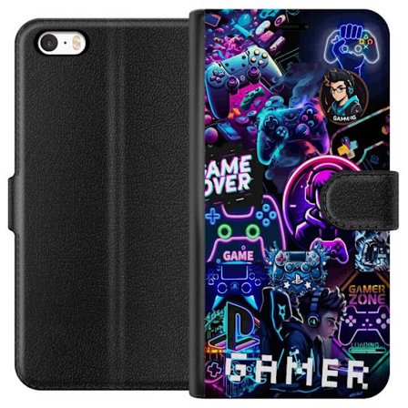 Yhteensopiva Lompakkokotelo Apple iPhone SE (2016) Neon Gamer Collage konsolit, kuulokkeet ja pelivibat kanssa