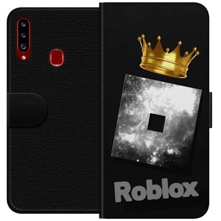 Kompatibel Tegnebogsetui til Samsung Samsung Galaxy A20s Minimalistisk sort og sølvfarvet Roblox-symbol med gylden krone og luksuriøs gamer-æstetik