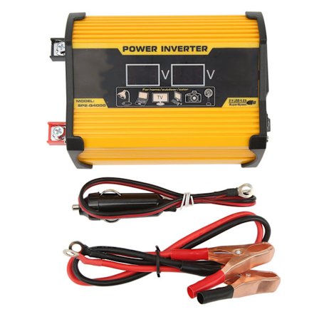 12 V - 110 V auton tehoinvertteri, modifioitu siniaalto, kaksi USB-porttia, jännitenäyttö, keltainen