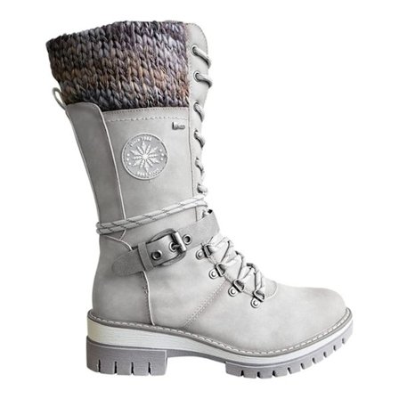 Naisten soljelliset pitsineulotut puolipohkeenkorkuiset saappaat matalalla korolla ja pyöreällä kärjellä