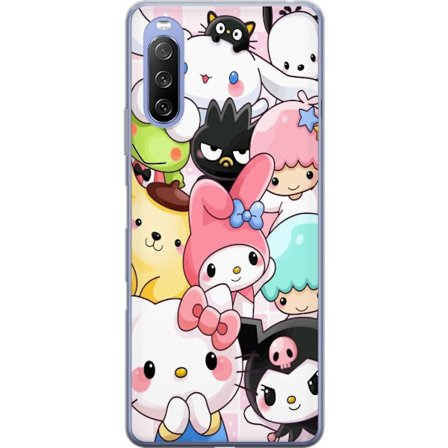 Kompatibelt Mobildeksel til Sony Xperia 10 III Lite Tett mønster av søte figurer med store øyne i ulike farger og uttrykk med LABUBU-tekst