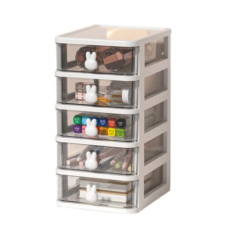 Skrivebords Oppbevaringsboks Multi Tier Transparent Plast Stor Kapasitet Kanin Håndtak Liten Skuff Organizer for Bok Penn Kontor Hvit, 5 Tier(