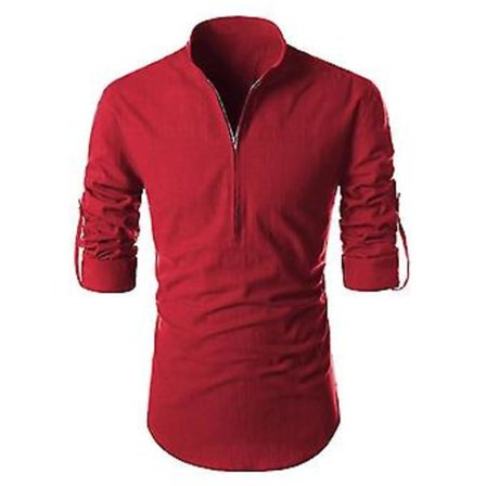 Langermet T-skjorte for menn med glidelås, avslappet slim fit, skjorter med ståkrage, topper av høy kvalitet (2XL Rød)