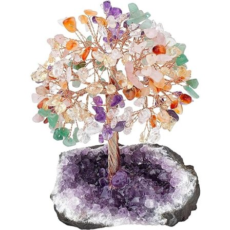 Livets træ i 7 chakra naturlige krystaller Fengshui træ dekoration med ametyst base Reiki sten dekorativt ornament til bordet, meditationsdekoration