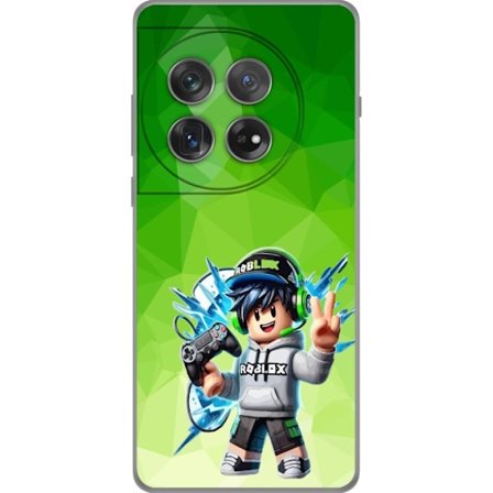 Yhteensopiva Puhelinkuori OnePlus 12 Roblox-inspiroitu pelaajahahmo, jossa on kuulokkeet, ohjain ja energiset efektit vihreää taustaa vasten