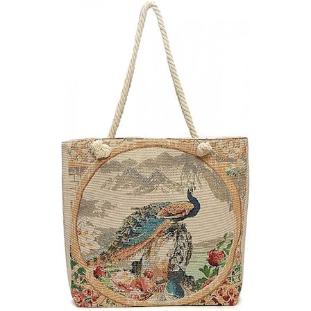Canvas Tote Bags Casual Axelväska Handväska Plånbok Stor Livsmedelsbutik Shoppingväska Med Gyllene Broderi Djurdesign För Kvinnor, A-påfågel A916-617