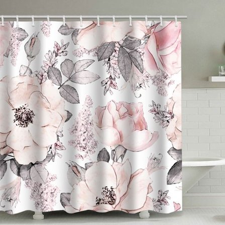Pink og hvid blomster bruseforhæng, med 12 plastikkroge