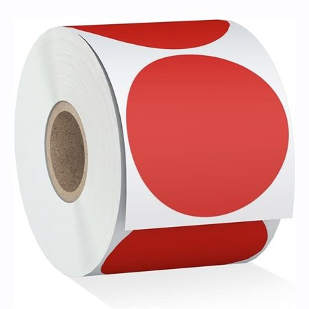 Etikettrulle med runda röda etiketter 50 mm – 600 etiketter per rulle
