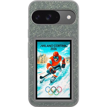 Yhteensopiva Puhelinkuori Google Pixel 9 Curlingkuvitus pelaajilla ja kivillä jäällä, Milano Cortina 2026, lumisia roiskeita ja olympiasormukset