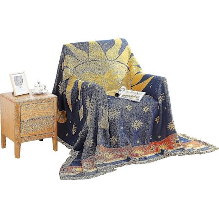 Dekorativt 100% bomuldsvævet tæppe Sofa håndklæde Bomuld Varmt overtræk 130 x 180cm (Sol Måne Stjerner)