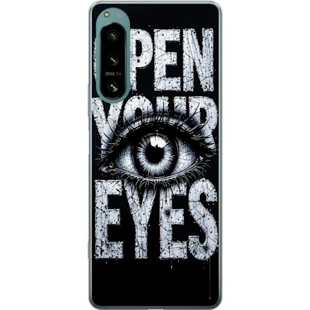 Yhteensopiva Puhelinkuori Sony Sony Xperia 5 IV Tumma tyypillinen kuvaus silmällä ja teksti Open Your Eyes, vahva kontrasti ja raaka taiteellinen ka