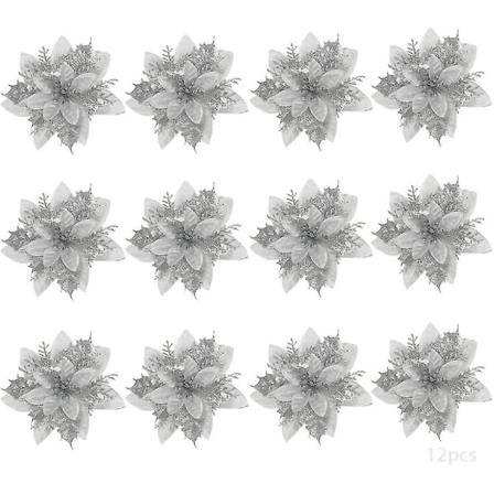 10 St Julkonstgjorda Blommor Dekor Silver