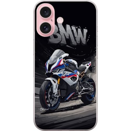 Apple iPhone 16 Gennemsigtig cover BMW sportsmotorcykel illustration hvid og blå supersport motorcykel til motorcykelfans der elsker fart, kraft og r