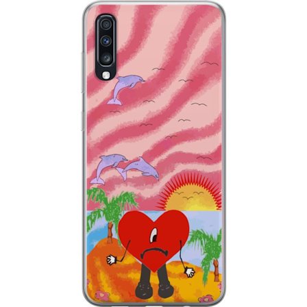 Kompatibelt Mobildeksel til Samsung Galaxy A70 Bad Bunny i en fargerik quiltet jakke med hjertemønster og solbriller i moderne gatestil