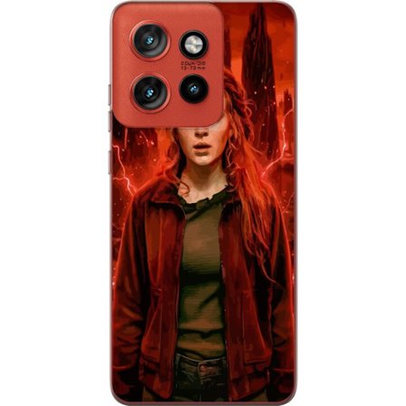 Kompatibelt Mobilskal till Motorola Motorola Edge 50 Neo Porträtt av en ung kvinna med rött hår i en apokalyptisk landskap, röda blixtar och mörk