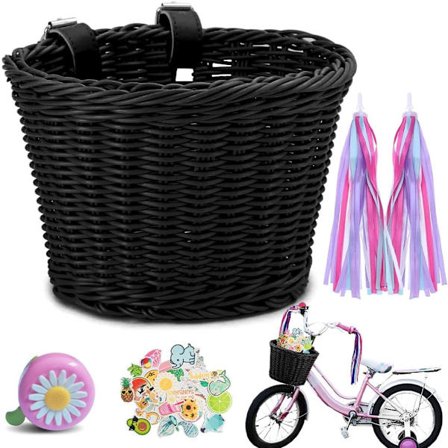 Barncykelkorg fram, flätad cykelkorg för barn, cykelkorgset, avtagbar rotting med läderrem, klockdekaler, tofsar—max