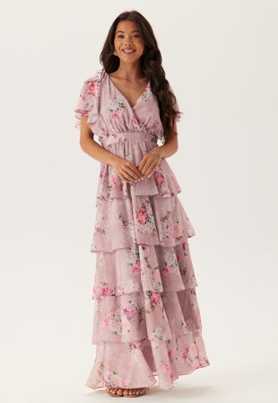 Goddiva Floral Flutter Tiered Maxi Dress Blush S (UK10)