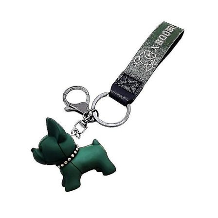 Bronzing læder ledning hvalp fransk bulldog nøglering, bil nøglering vedhæng, mørkegrøn