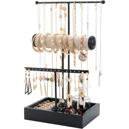 【PP】Elegant antikk bronse T-formet 3-etasjes smykkestativ for halskjeder, armbånd og klokker (svart) szq