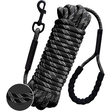 Hundelanyard 10m, lang hundeleadtov med polstret greb til hunde, velegnet til små og store hunde, sort -8mm15m