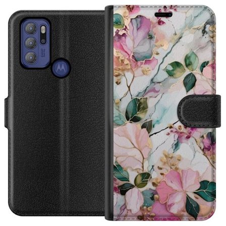 Kompatibel Tegnebogsetui til Motorola Moto G60S Abstrakt marmormønster med blomster, blade og gyldne detaljer i bløde pastelfarver