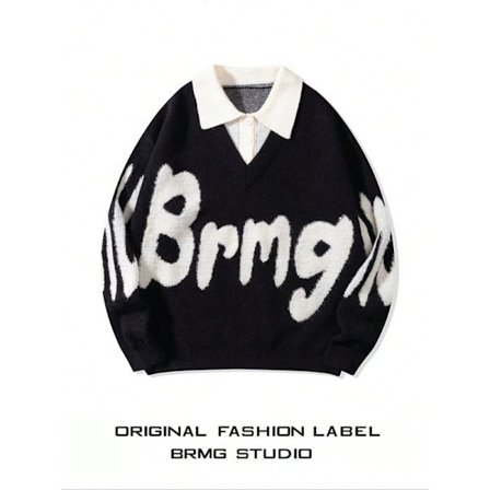 Herre Genser med bokstavtrykk 2 i 9 krage, løs fritidsgenser med lange ermer og knapper foran for vår og høst, moteriktig herrestrikk for hverdagsbruk