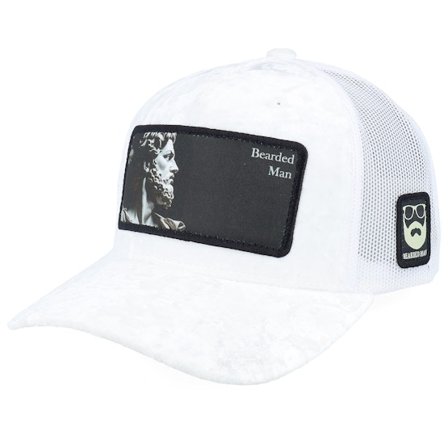 Bearded Man - Weiss trucker Cap - Ancient Greek Beard Patch Velvet White A-Frame Trucker @ Hatstore