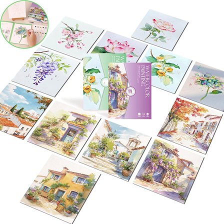 Vesivärikirja 19x14,4cm - All-in-One luova värityspaperisetti aikuisille ja lapsille, kukkia ja taloja sisältäen - DIY taideaskartelukirja