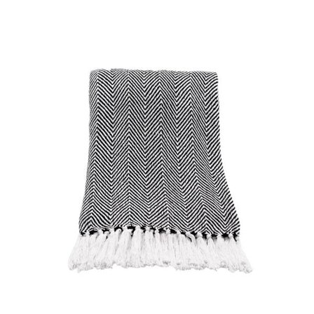 Koristeellinen puuvillainen torkkupeitto, mustavalkoinen, 130x170 cm