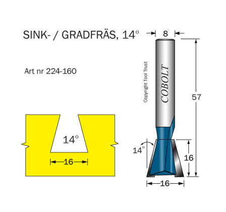 Cobolt 224-160 Sinkfres 14° D=16 L=16 TL=57 S=8, Maskintilbehør & forbruk
