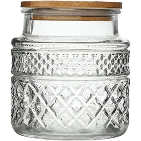 1 glas opbevaringskrukke til opbevaring af korn, nødder, snacks, slik, kager, kaffe, te Rund 1400 ml + bambuslåg