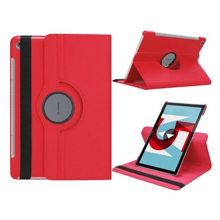 Huawei MediaPad M5 10 beskyttelsesetui i kunstlæder med Litchi overflade. Med stativ og elastisk rem - Rød