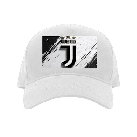 Kaps Juventus-logo i svart og hvitt med stjerner over, plassert på diagonalt pusset bakgrunn med kontrast og sporty estetikk.