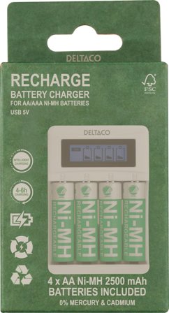 Deltaco batterilader - med batteri - 4 x AA-type