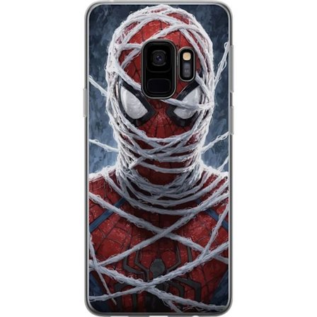 Samsung Galaxy S9 Läpinäkyvä kuori Spider-Man peitetty tiheillä hämähäkinseitseillä dramaattisessa lähikuvassa, joka korostaa maskin rakennet