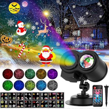 Jouluprojektori ulko- ja sisäkäyttöön, Halloween-projektori ulkokäyttöön kaukosäätimellä, 16 kuviota ja 10 väriä vesiaaltoefekti lumihiutaleprojektori