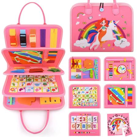 (Pink Unicorn) Travlt Montessori-bræt til børn, 5-lags Montessori-bræt, Aktivitetstavle, Læring af livsfærdigheder Pædagogisk legetøjsgave til børn 