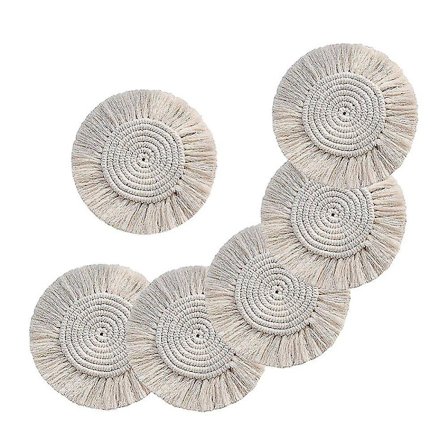 Set med 6 håndlagde makramebrikker, kaffekopper, ølkopper, matte, boho borddekorasjon (tassel C