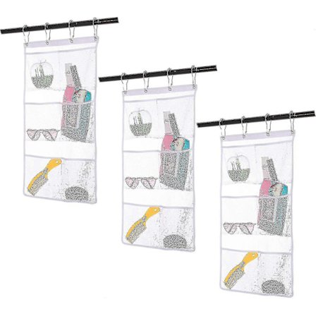 3-pakning hengende nettingoppbevaring med 6 lommer, stang/krok for oppheng