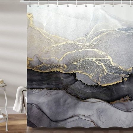 Marmori kylpyhuoneen suihkuverho, abstrakti moderni musta ja kultainen kangas suihkuverhosetti, rentouttava