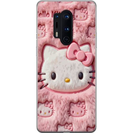 Kompatibel Mobilcover til OnePlus 8 Pro Hello Kitty lyserød fluffy baggrund med ikonisk ansigt og kawaii-æstetik