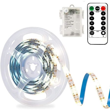3m Batteri LED Strip Lys med Fjernkontroll, 90 LED Lys Strip Vanntett, 8 Moduser, Dimbar, Klippbar (Kald Hvit)