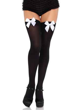 Nylon Thigh Highs With Bow Black/White - Leg Avenue