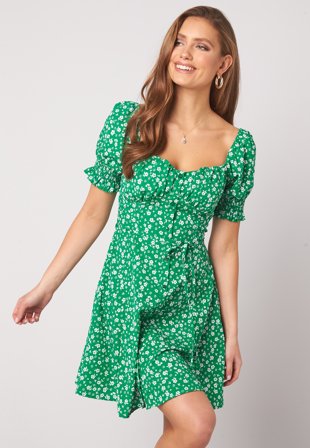 BUBBLEROOM Violie puff sleeve dress Green / White / Floral Klær
