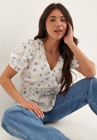BUBBLEROOM - Wrap Frill Blouse - Blue/Patterned
